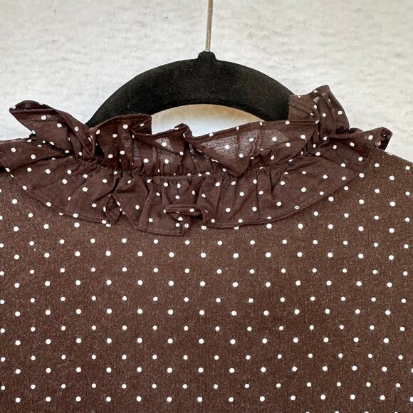 Charter Club Brown Polka Dot Tunic Blouse Womens L Peasant Boho Ruffle Twee Soft - Picture 3 of 12